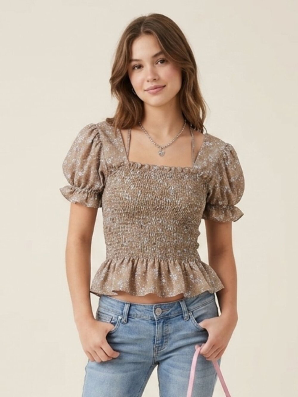 Papermoon Brown Floral Smocked Puff Sleeve Crop Top